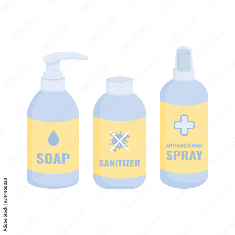 A bottles of antibacterial agent. Hand sanitizer. Soap. Antibacterial spray. Prevention of SARS and coronavirus. Vector illustration isolated on a white background. A bottles of antibacterial agent. Hand sanitizer. Soap. Antibacterial spray. Prevention of SARS and coronavirus. Vector illustration isolated on a white background.