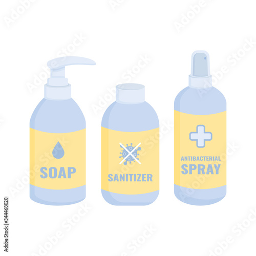 A bottles of antibacterial agent. Hand sanitizer. Soap. Antibacterial spray. Prevention of SARS and coronavirus. Vector illustration isolated on a white background.