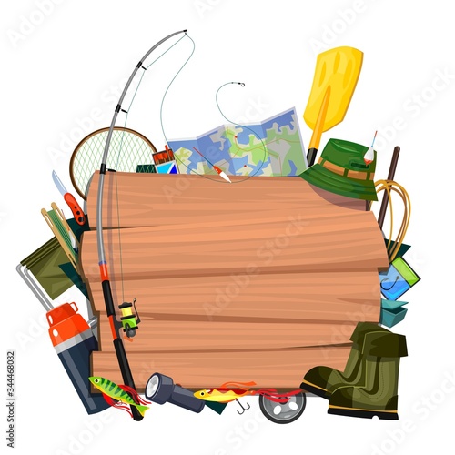 Fishing banner or flyer with different supplies vector illustration. Wooden board witj copy space for text cartoon design. Outdoors activity and joy concept. Isolated on white background