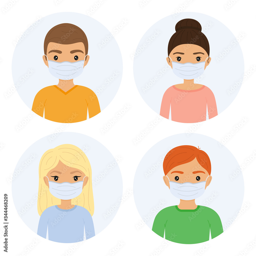 Set of people in medical masks. Сharacter icons. Isolated on white background. Vector illustration. Great for posters, banners, infographics. Set of people in medical masks. Сharacter icons. Isolated on white background. Vector illustration. Great for posters, banners, infographics.