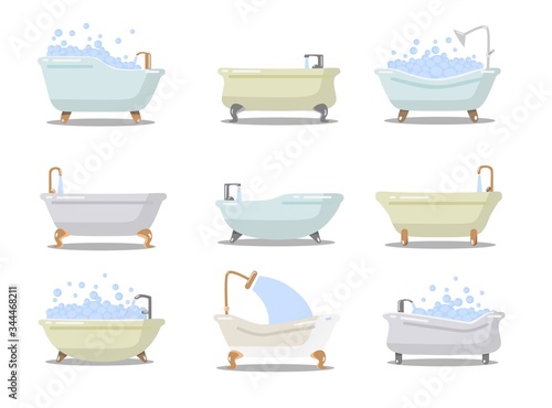 Set of various luxury bath tubes with water vector illustration. Shower foam and stylish design flat style. Hygiene and bathroom concept. Isolated on white background