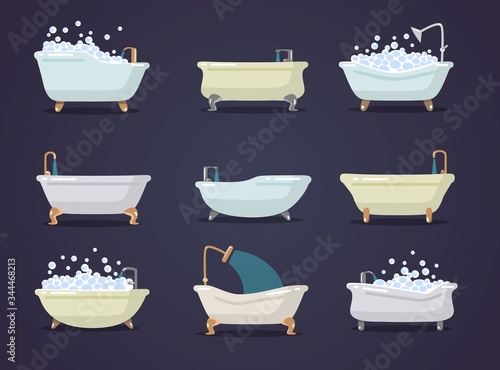 Set of different types of cute bath tubes vector illustration. Luxury bathtubes with foam and golden details flat design. Bathroom concept. Isolated on navy background photo