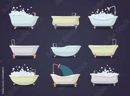 Set of different types of cute bath tubes vector illustration. Luxury bathtubes with foam and golden details flat design. Bathroom concept. Isolated on navy background