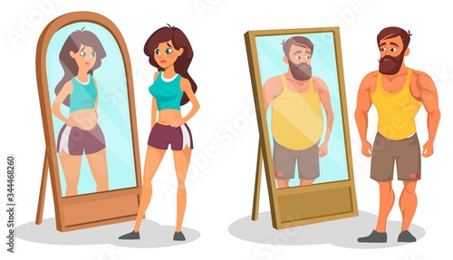 Fat and slim people with reflection in mirrors vector illustration. Different between body shapes cartoon design. Desire to lose weight. Illusion and reality concept. Isolated on white background