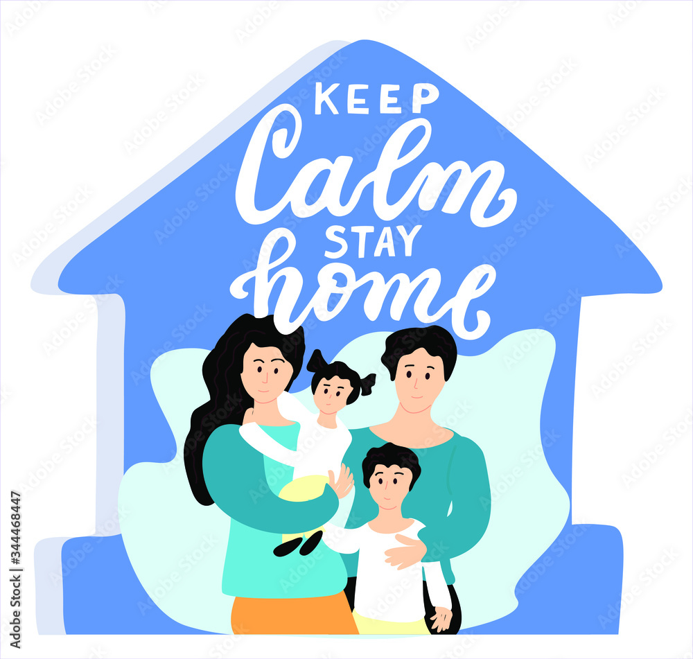 Stay home family concept. Mom and dad with their children: daughter and son. Family with two children. Cute flat characters peole. Family sitting home. Quarantine or self-isolation. Health care Stay home family concept. Mom and dad with their children: daughter and son. Family with two children. Cute flat characters peole. Family sitting home. Quarantine or self-isolation. Health care