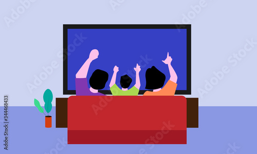 family watching tv, red sofa, cheering clip art preview