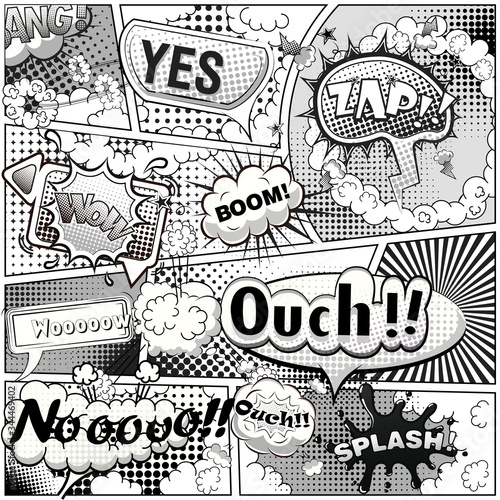 Black and white comic book page divided by lines with speech bubbles and sounds effect. Vector illustration.