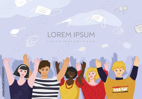 Happy people throw up their face masks against the blue sky. The concept of ending quarantine, self-isolation, and the coronavirus pandemic. Men and women without medical masks. Vector illustration