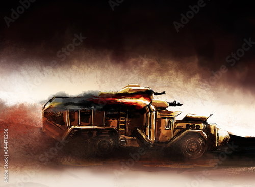 Illustration of a truck in the setting of post apocalypse in the desert
