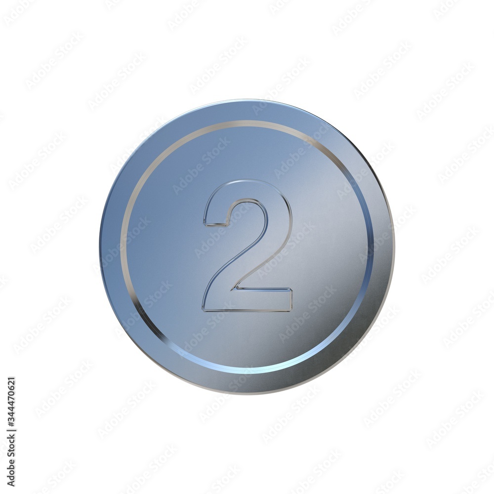 Coin. 3d Silver Coin. Realistic Coin. Number Two Coin. 3d Silver Coin. Realistic Coin. Number Two