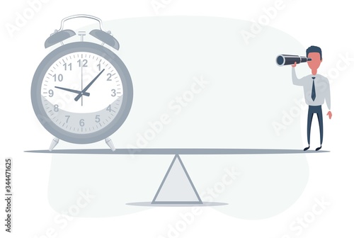 Businessman standing in front of clock. Businessman looking in future on seesaw. Man using telescope looking for success, opportunities, future business trends. Vision concept.