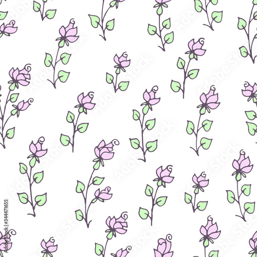 Vector seamless pattern: hand drawn pretty pink roses with mint color leaves on white. Tender design for textile, wrapping paper, wallpaper.