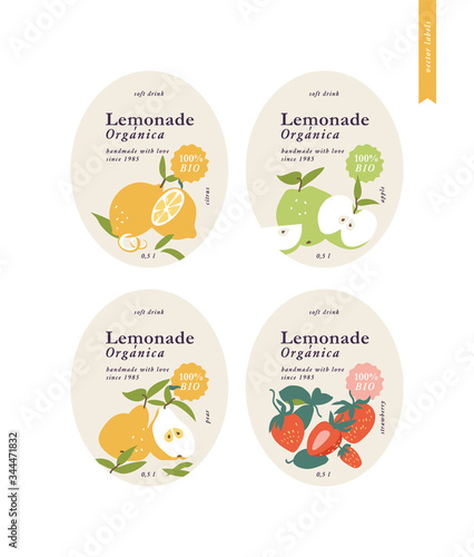 Vector illustration set template labels for packaging lemonade. Different tastes- citrus, pear, apple and strawberry.