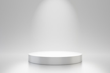 White studio template and round shape pedestal on simple background with spotlight product shelf. Blank studio podium for advertising. 3D rendering.