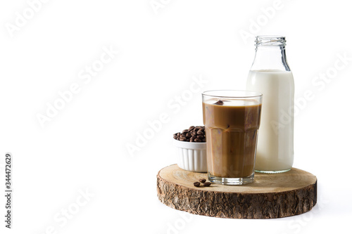 Iced coffee or caffe latte in tall glass isolated on white background Copy space 