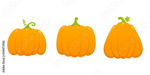 3 orange pumpkins set with leaf and gradient colors flat style design vector illustration isolated on white background. Autumn halloween, thanksgiving day pumpkin, vegetable graphic fresh and tasty.