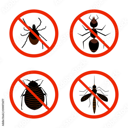 Harmful insects set icon isolated on white background. Collection of red warning signs and symbols with of pests, tick, ant, fleas and mosquito. Insect repellent or pest control emblem. Stock vector