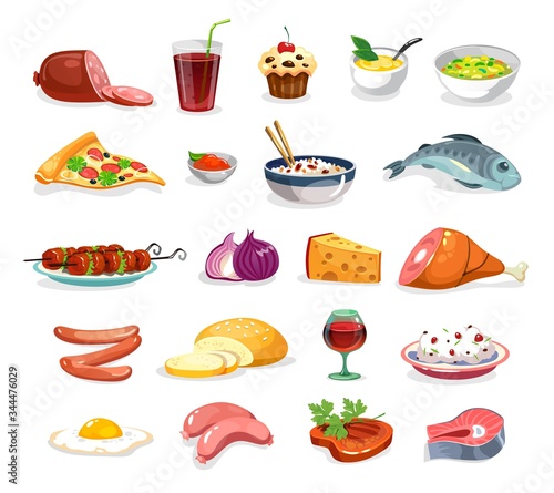 Cartoon food icons set isolated on white background vector illustration. Collection of cooked, raw meals and drinks. Sausage, cake, porridge, soup, meat, fish, eggs, bread, pizza