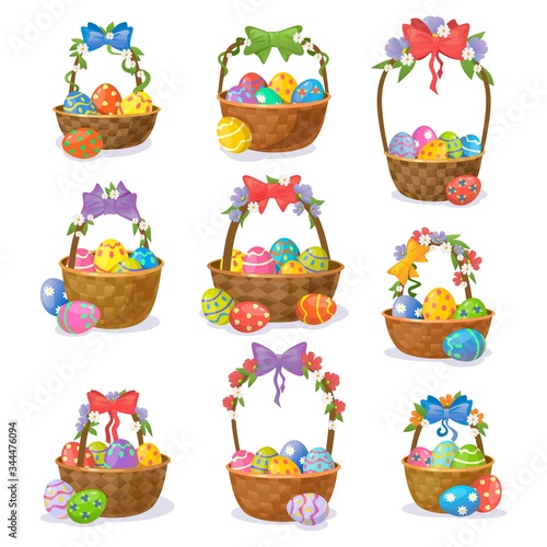 Easter baskets set isolated on white background vector illustration. Cute collection of wicker pottles with easter eggs, decorated spring flowers and festive bows