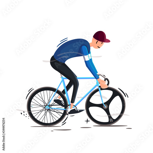 Fototapeta Naklejka Na Ścianę i Meble -  Man on an unusual sports bike in a cap. Sports mood. Cyclist in motion on a white background in cartoon style. Road adventures. Sport for everyone.There is a place for inscription