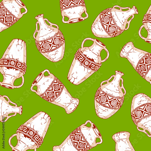 Pattern of old cracked jugs on a green background. An interesting pattern of vases scattered chaotically.  Pattern can be used in knitwear.