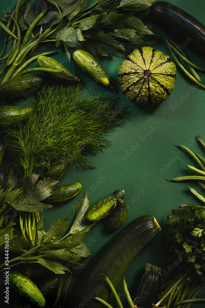 Świeże zielone warzywa i zioła - cukinia dynia ogórki koperek pietruszka lubczyk fasolka szparagowa na zielonym jednolitym tle - obrazy, fototapety, plakaty 