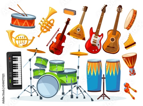 Set of different colourful musical instrument vector illustration. Equipment for talented musician flat style. Guitar piano drums. Music and hobby concept. Isolated on white background © Microstocker.Pro