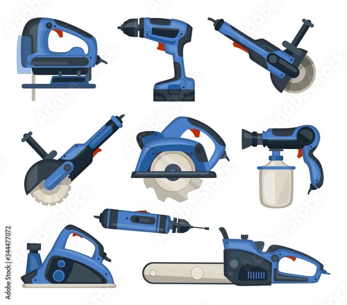 Set of blue power instruments for repairman vector illustration. Various types of drills flat style. Electric tools for handyman. Renovation concept. Isolated on white background