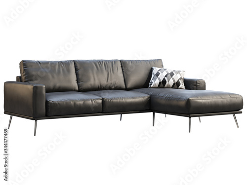 Fotografija Modern black leather chaise lounge sofa with pillow. 3d render.