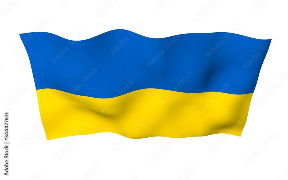 The flag of Ukraine on a white background. National flag and state ensign. Blue and yellow bicolour. 3D illustration waving flag The flag of Ukraine on a white background. National flag and state ensign. Blue and yellow bicolour. 3D illustration waving flag