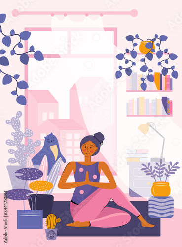 Young woman practices meditation and yoga at home. Person in the room conducts training and sports. Spending time at home. Leisure in quarantine. Cozy space. City outside the window. Flat vector.