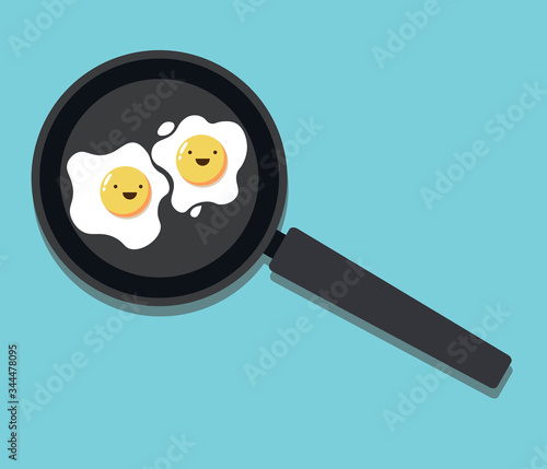 Breakfast in a skillet. Cute smiling scrambled egg. Vector illustration.