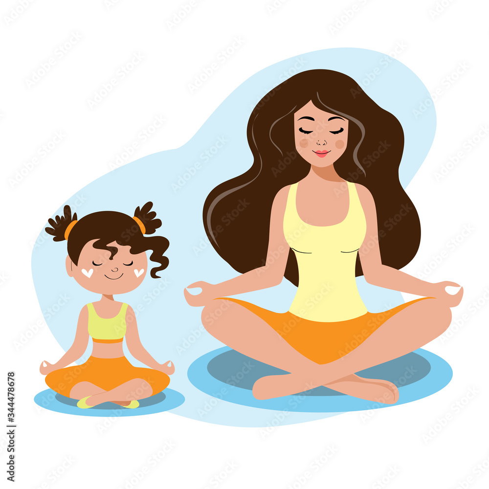Mom with her daughter practices yoga on a white background. Mother's day concept. A family. Quarantine Concept