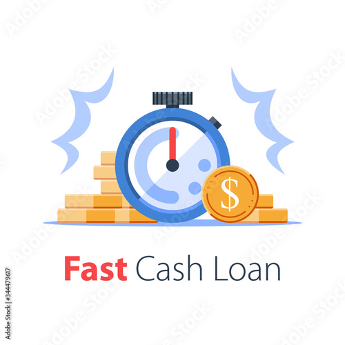 Time is money concept, stack of coins and stopwatch, easy loan, instant payment