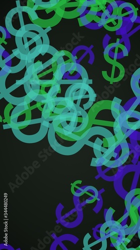 Multicolored translucent dollar signs on dark background. Green tones. 3D illustration