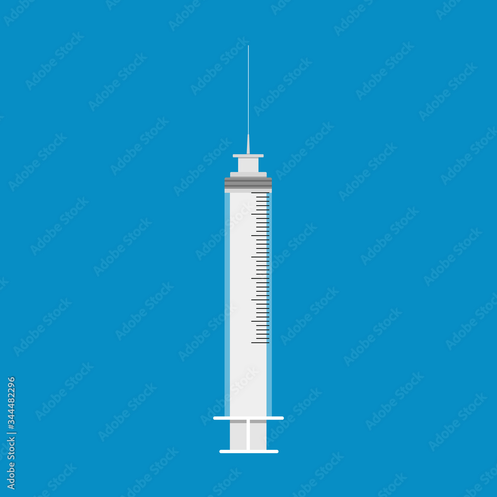 Icon of an empty plastic medical syringe with a needle on a blue background. The concept of vaccination, vaccination, injection, for cosmetology, with the epidemic. Flat style, vector stock graphic. Icon of an empty plastic medical syringe with a needle on a blue background. The concept of vaccination, vaccination, injection, for cosmetology, with the epidemic. Flat style, vector stock graphic.