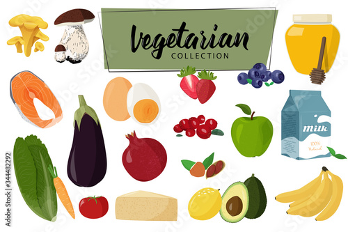 Set of vegetarian food. Collection of vector illustrations.