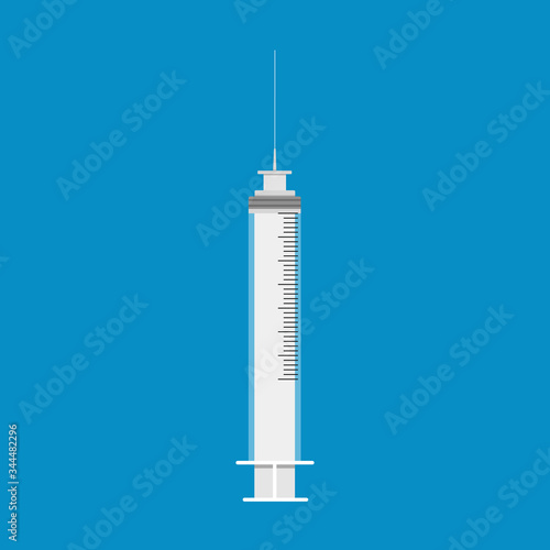 Icon of an empty plastic medical syringe with a needle on a blue background. The concept of vaccination, vaccination, injection, for cosmetology, with the epidemic. Flat style, vector stock graphic.