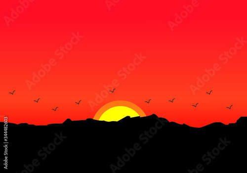 Anochecer en paisaje con animales y montañas