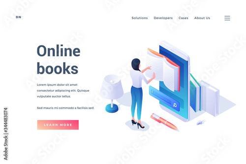 Vector female student reading online book on banner design