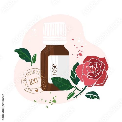 Bottle with rose essential oil drawn by hand on a white background. Aromatherapy, cosmetics, folk and alternative medicine. Stamp on bottle natural essential oil. Cute cartoon Vector illustration