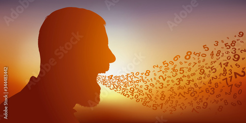 Concept des sciences mathématiques et physiques avec un homme qui laisse symboliquement échapper de sa bouche des chiffres.