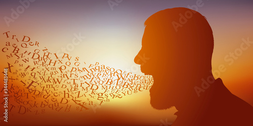 Concept du langage et de la culture littéraire avec un homme qui en parlant laisse symboliquement échapper de sa bouche des lettres de l’alphabet.