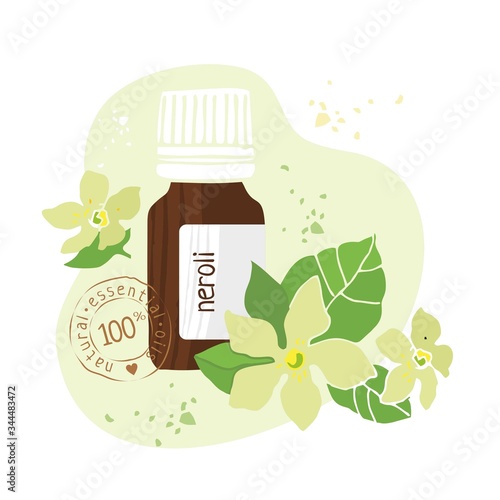 Background with bottle of neroli essential oil drawn by hand. Cosmetic, perfumery and medical plant for poster, banner and brochure. Vintage stamp to display the quality. Cartoon vector illustration.