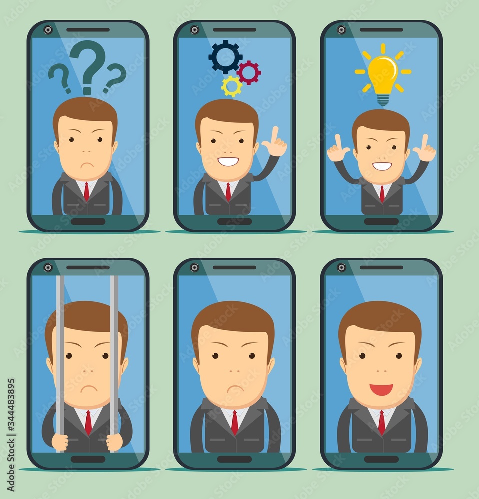 Screen smartphone with virtual assistant - businessman. Hi-tech flat design concept. Stock vector illustration. Screen smartphone with virtual assistant - businessman. Hi-tech flat design concept. Stock vector illustration.