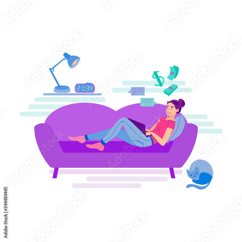 Young woman work on freelance at home interior. Girl with laptop working comfortably on the sofa. Freelancer, remote job, self-employed concept. Flat cartoon vector illustration. © julijuliart