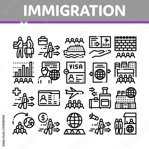 Immigration Refugee Collection Icons Set Vector. Immigration Person With Baggage, Passport And Visa, Cruise Liner Voyage And Airplane Concept Linear Pictograms. Monochrome Contour Illustrations