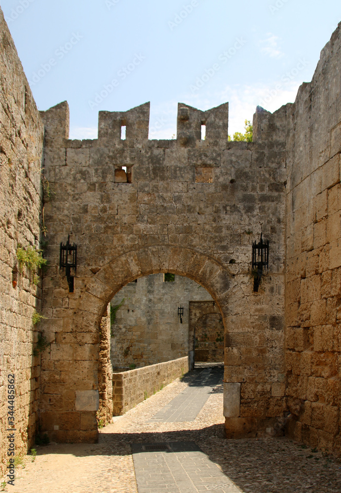 One of many gates in the fortress wall, medieval fortress, the old town of Rhodes, Greece

