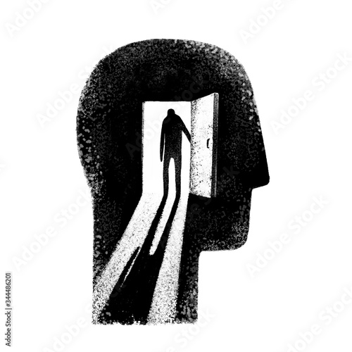 A man entering a black room. Hand drawn human head in profine silhouette isolated on white background, black and white illustration.