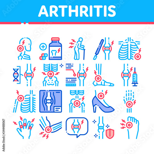 Arthritis Disease Collection Icons Set Vector. Arthritis Symptoms And Treatments  Pain In Joints And Back  Neck And Knee  Fingers And Ribs Concept Linear Pictograms. Color Illustrations